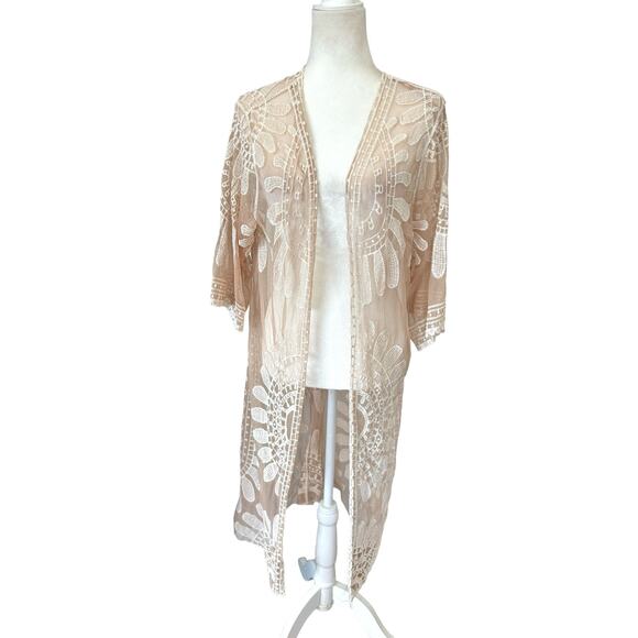 Rebellion Other - Rebellion Boho Open Duster Swim Cover Medium Tan Cream Floral Embroidery Sheer